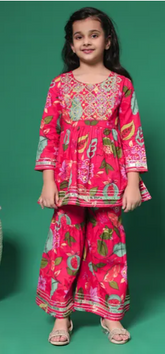 Floral Printed Kurta & Sharara Set – Bright Pink Festive Wear